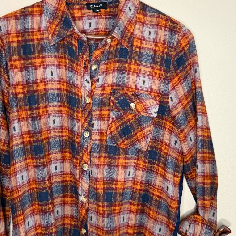 Tolani Mixed Media Plaid Shirt Bandana Back Boho Top M - Picture 3 of 9